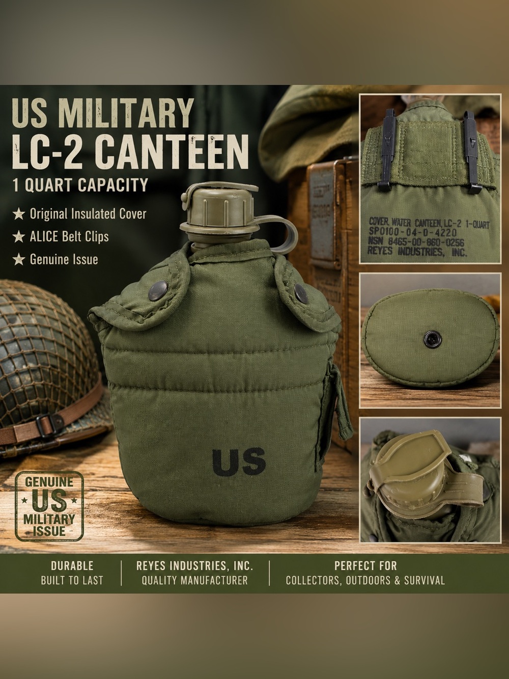 Authentic U.S. Army LC-2, 1-quart water canteen with a matching nylon cover